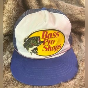 Vintage 80/90s Bass Pro Shops Baseball Cap Flat Brim Hat Snapback Navy Mesh Foam